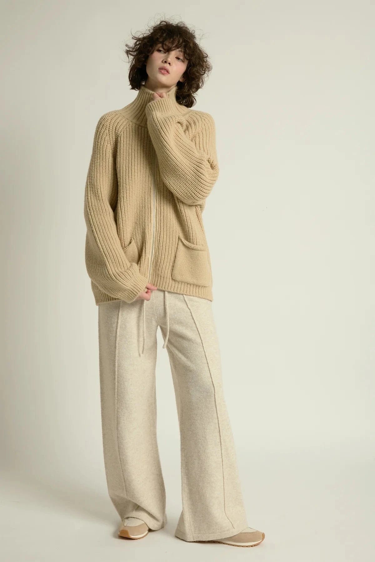 Look By M Sweater One Size Chunky Zip Cardigan Sweater - Tan