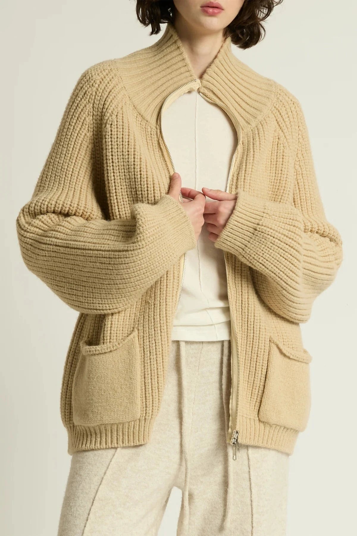 Look By M Sweater One Size Chunky Zip Cardigan Sweater - Tan