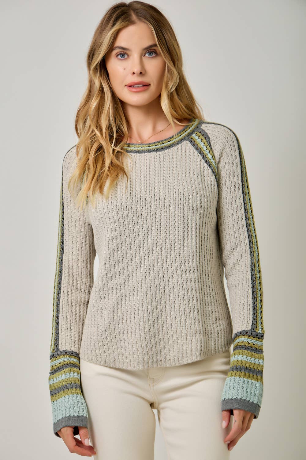 Mystree Sweater Medium / Stone Raglan Sleeve Trim Detail Sweater Top