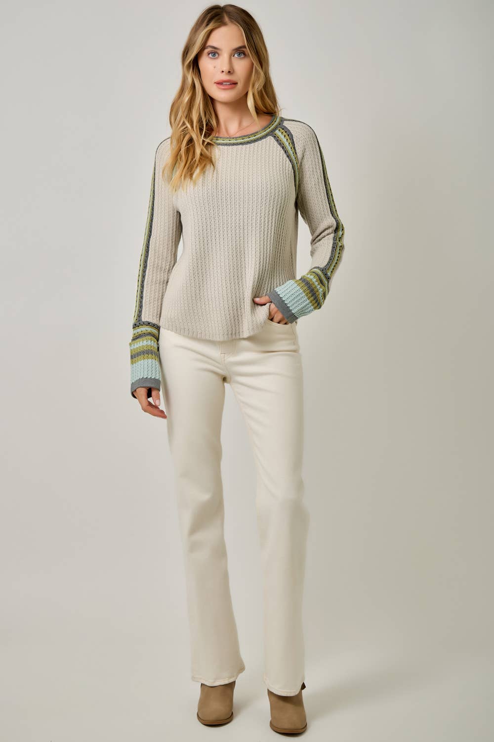 Mystree Sweater Raglan Sleeve Trim Detail Sweater Top