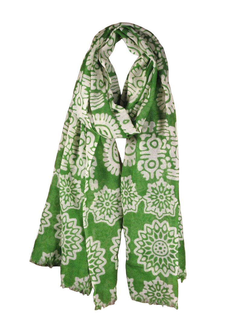 Nusantara Green Medallion Print Sheer Wool Stole