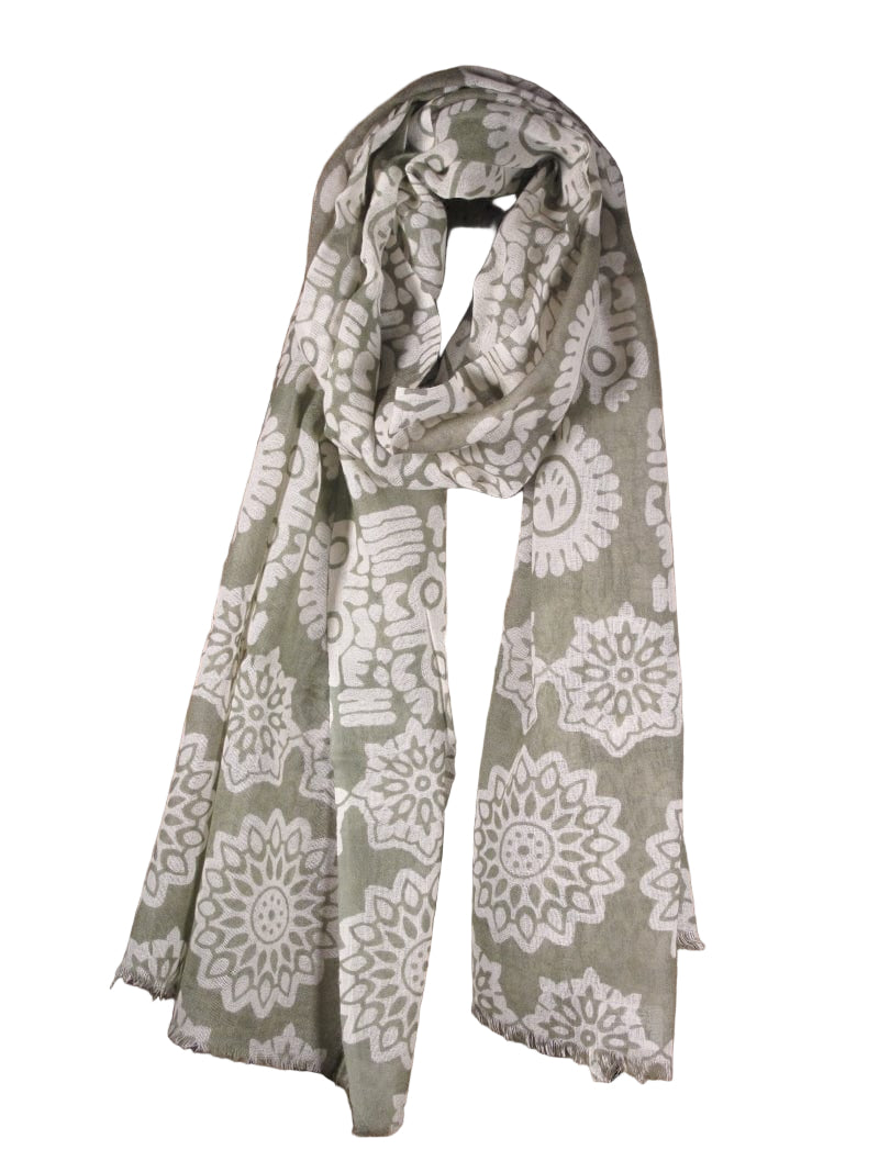Nusantara Olive Medallion Print Lightweight Wool Scarf