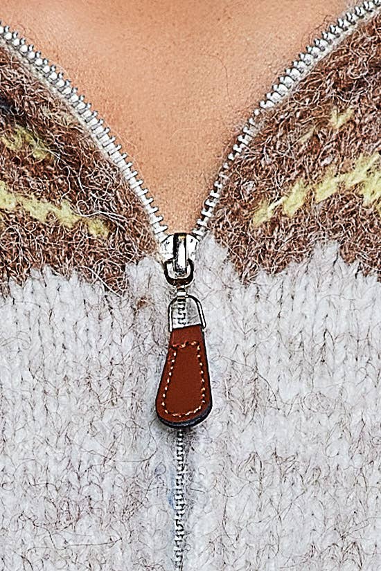Pol Clothing Cardigan One Size / OATMEAL MULTI Fair Isle Deer Motif Fold Over Collar Zip Up Cardigan