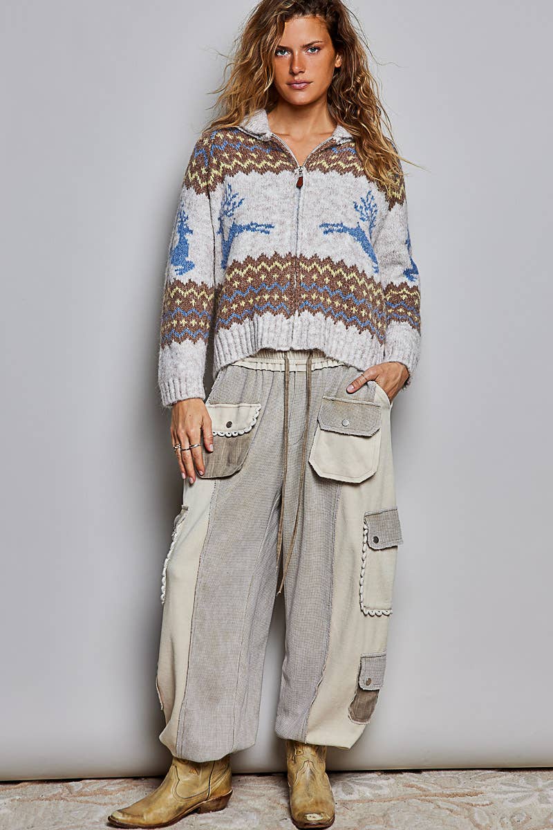 Pol Clothing Cardigan One Size / OATMEAL MULTI Fair Isle Deer Motif Fold Over Collar Zip Up Cardigan