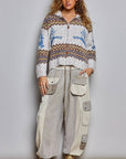 Pol Clothing Cardigan One Size / OATMEAL MULTI Fair Isle Deer Motif Fold Over Collar Zip Up Cardigan