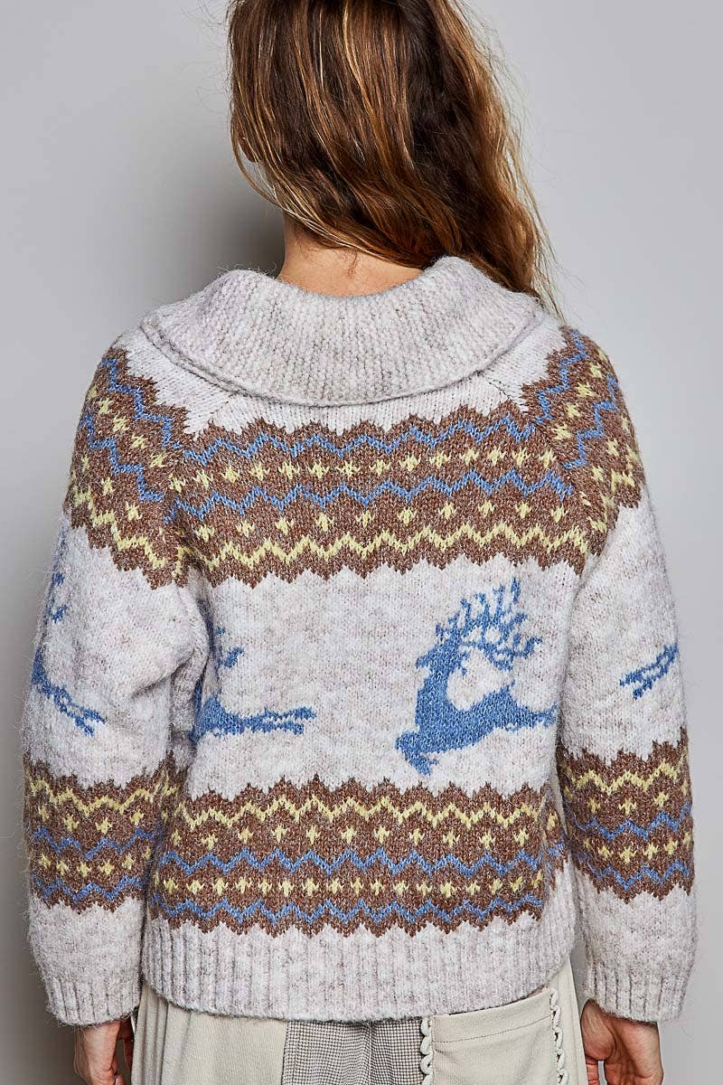 Pol Clothing Cardigan One Size / OATMEAL MULTI Fair Isle Deer Motif Fold Over Collar Zip Up Cardigan
