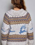Pol Clothing Cardigan One Size / OATMEAL MULTI Fair Isle Deer Motif Fold Over Collar Zip Up Cardigan
