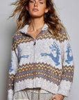 Pol Clothing Cardigan One Size / OATMEAL MULTI Fair Isle Deer Motif Fold Over Collar Zip Up Cardigan