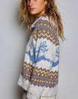 Pol Clothing Cardigan One Size / OATMEAL MULTI Fair Isle Deer Motif Fold Over Collar Zip Up Cardigan