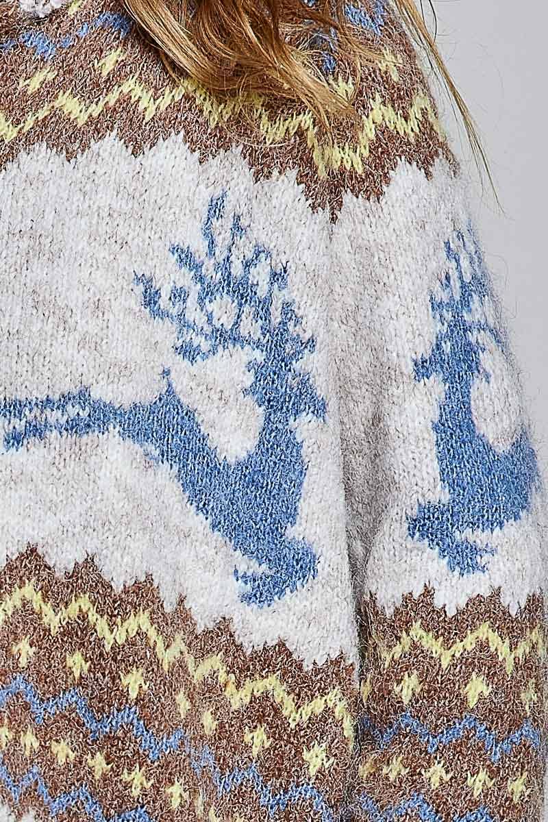 Pol Clothing Cardigan One Size / OATMEAL MULTI Fair Isle Deer Motif Fold Over Collar Zip Up Cardigan