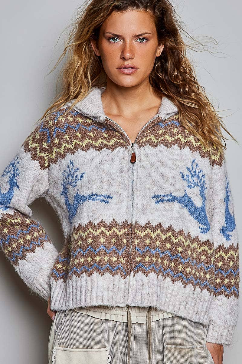 Pol Clothing Cardigan One Size / OATMEAL MULTI Fair Isle Deer Motif Fold Over Collar Zip Up Cardigan