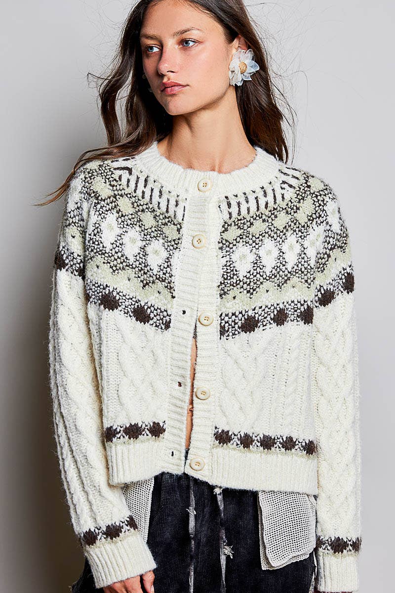 Pol Clothing Cardigan OS / OATMEAL Fair Isle Pattern Cable Button Front Knit Cardigan