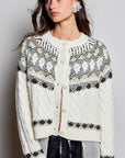 Pol Clothing Cardigan OS / OATMEAL Fair Isle Pattern Cable Button Front Knit Cardigan