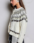 Pol Clothing Cardigan OS / OATMEAL Fair Isle Pattern Cable Button Front Knit Cardigan