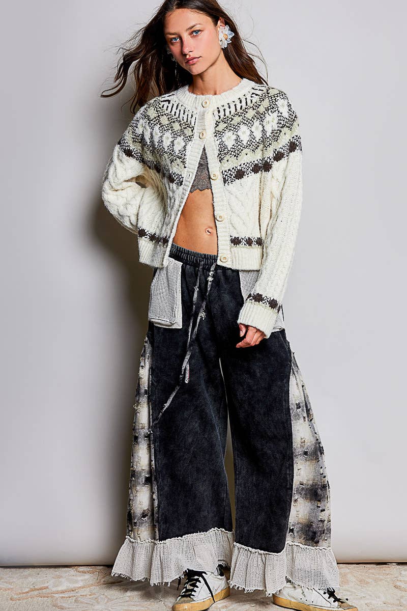 Pol Clothing Cardigan OS / OATMEAL Fair Isle Pattern Cable Button Front Knit Cardigan