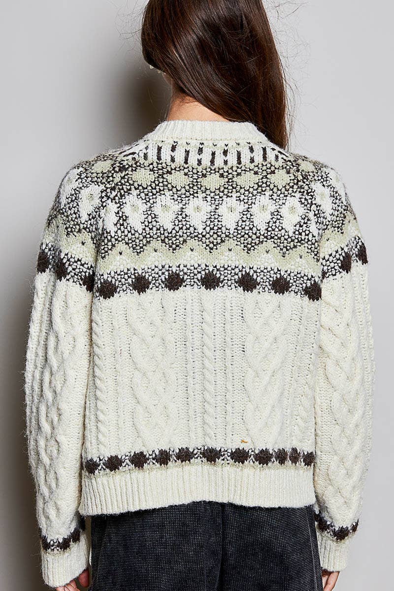 Pol Clothing Cardigan OS / OATMEAL Fair Isle Pattern Cable Button Front Knit Cardigan