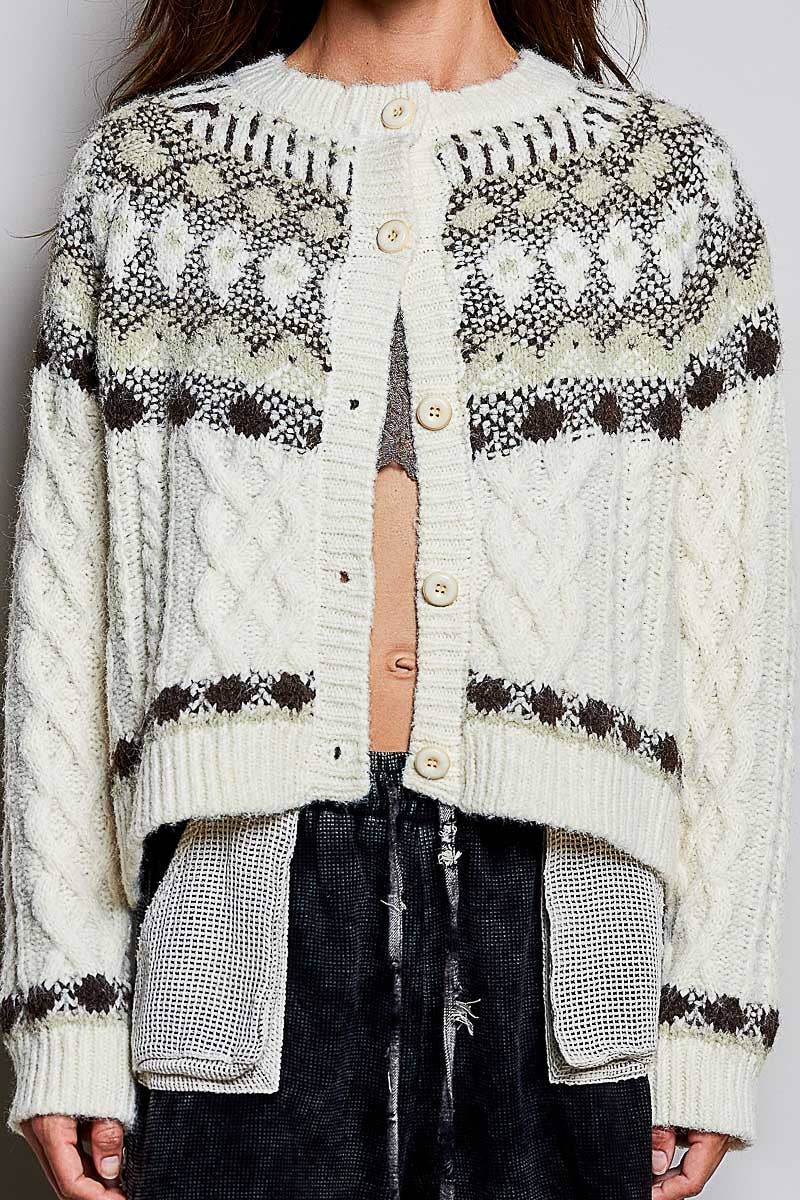 Pol Clothing Cardigan OS / OATMEAL Fair Isle Pattern Cable Button Front Knit Cardigan