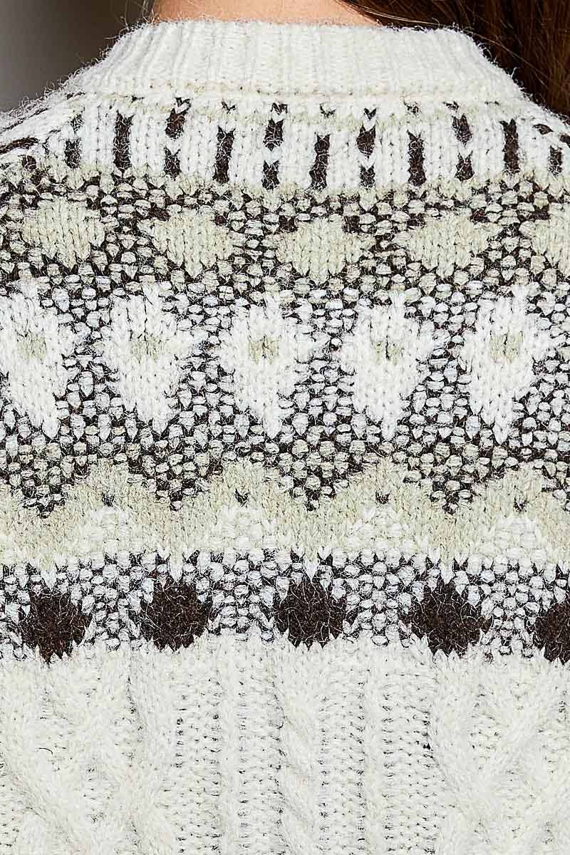 Pol Clothing Cardigan OS / OATMEAL Fair Isle Pattern Cable Button Front Knit Cardigan