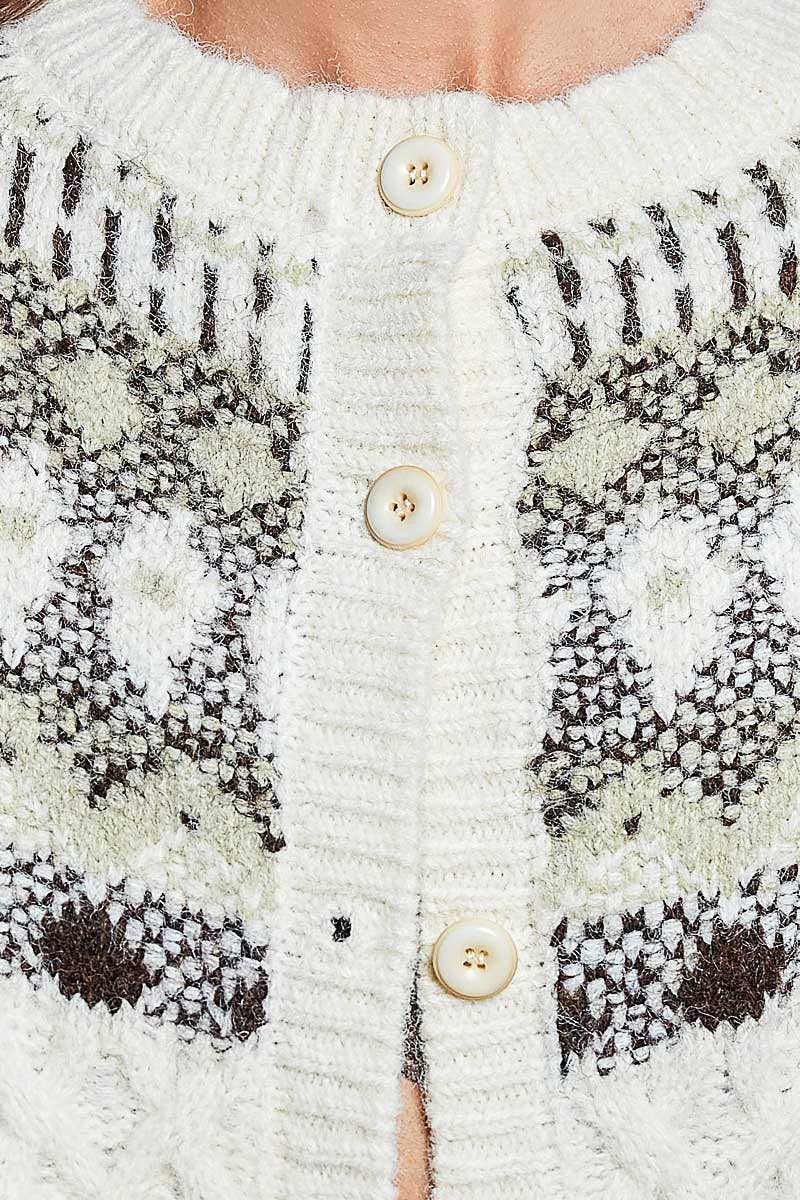 Pol Clothing Cardigan OS / OATMEAL Fair Isle Pattern Cable Button Front Knit Cardigan