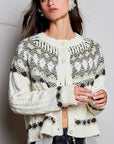 Pol Clothing Cardigan OS / OATMEAL Fair Isle Pattern Cable Button Front Knit Cardigan