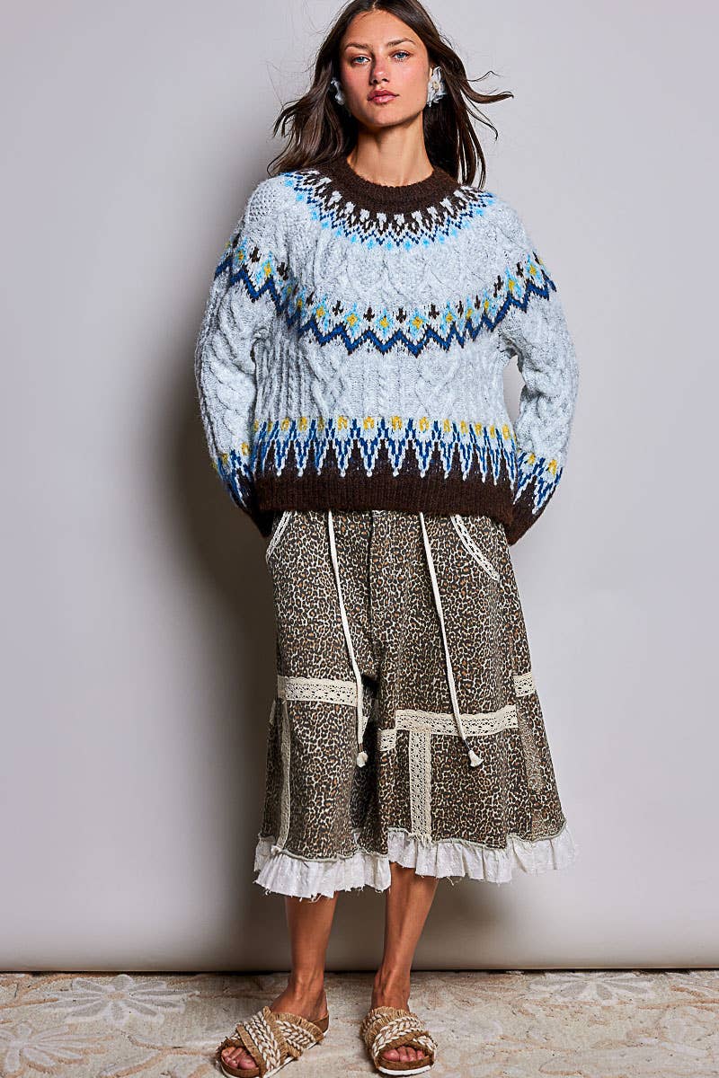 Pol Clothing Sweater One Size / Fair Isle Blues Fair Isle Pattern Cable Knit Ribbed Trim Sweater
