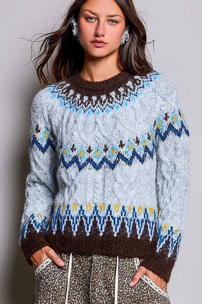 Pol Clothing Sweater One Size / Fair Isle Blues Fair Isle Pattern Cable Knit Ribbed Trim Sweater