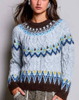 Pol Clothing Sweater One Size / Fair Isle Blues Fair Isle Pattern Cable Knit Ribbed Trim Sweater