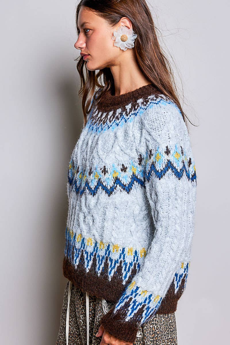 Pol Clothing Sweater One Size / Fair Isle Blues Fair Isle Pattern Cable Knit Ribbed Trim Sweater