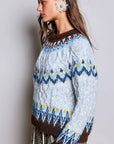 Pol Clothing Sweater One Size / Fair Isle Blues Fair Isle Pattern Cable Knit Ribbed Trim Sweater