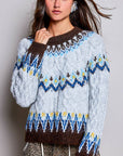 Pol Clothing Sweater One Size / Fair Isle Blues Fair Isle Pattern Cable Knit Ribbed Trim Sweater
