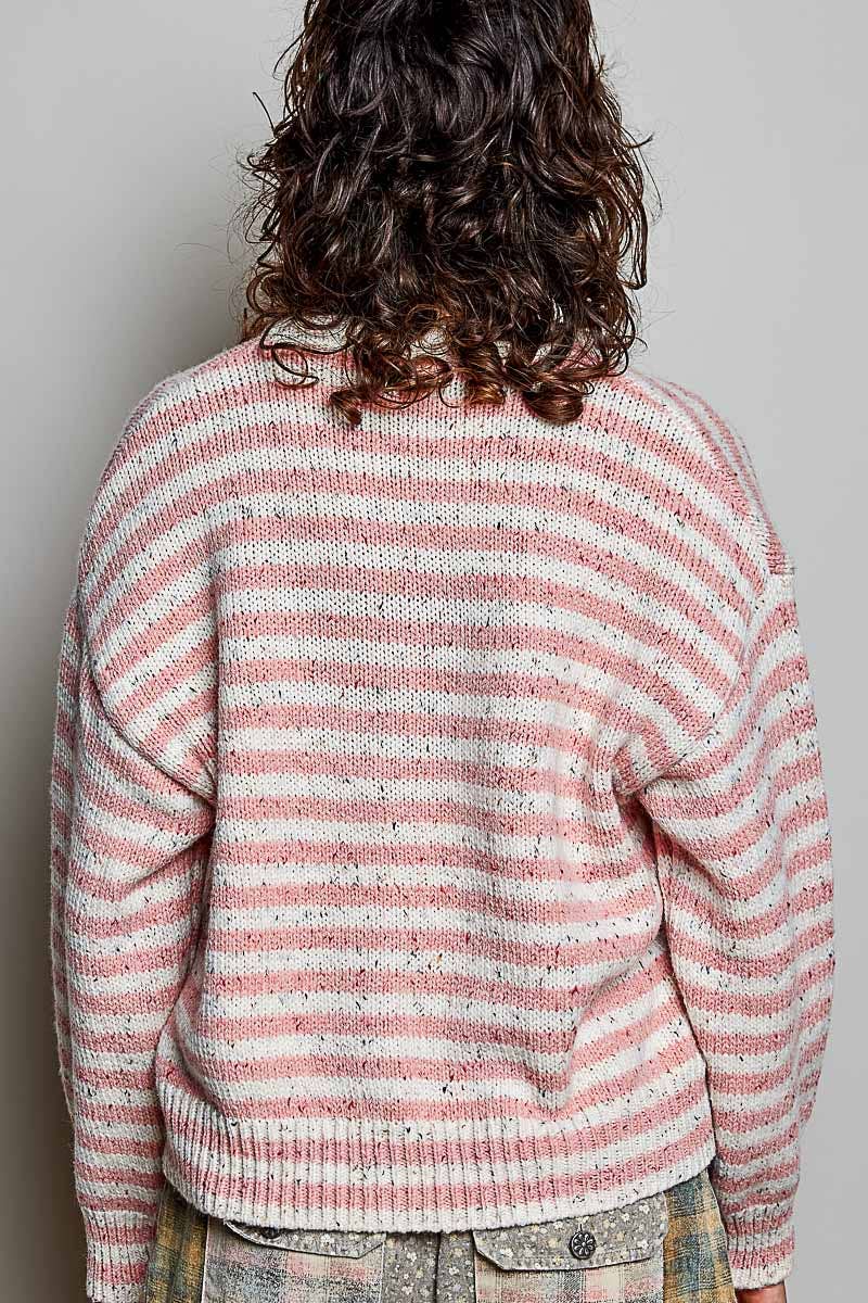 Pol Clothing Sweater One Size / PINK MULTI Long Sleeve Striped Colorful Button Accents Sweater