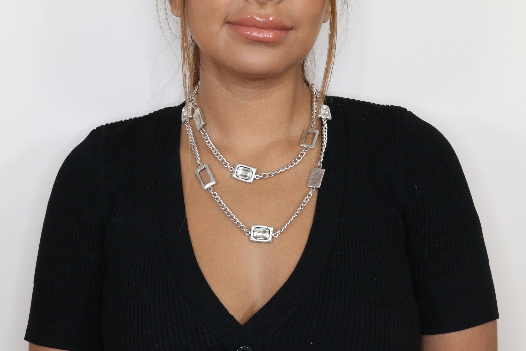 The Ancient Bazaar Jewelry & Accessories Necklace Long Pewter Squares and Gems Necklace