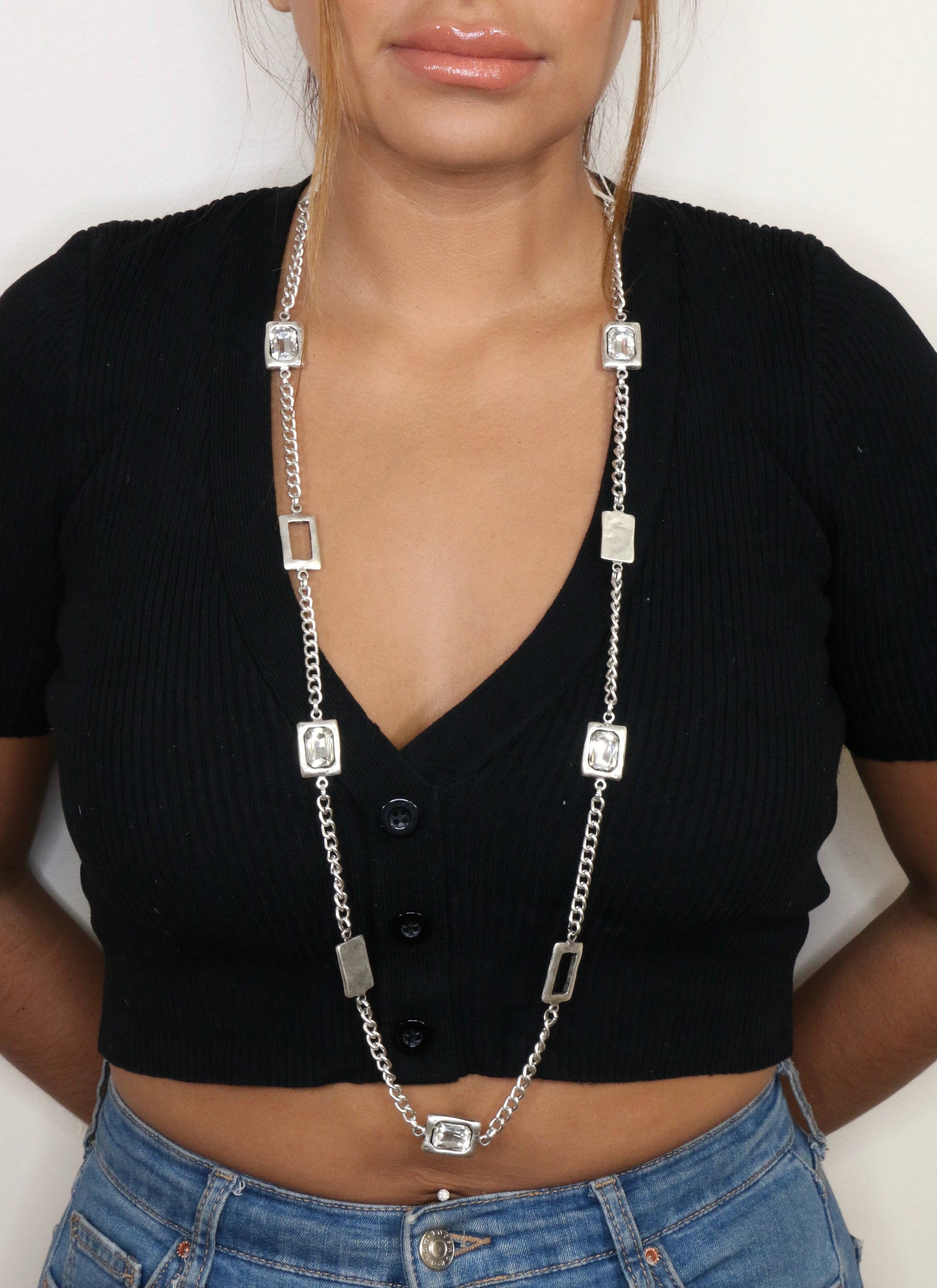 The Ancient Bazaar Jewelry & Accessories Necklace Long Pewter Squares and Gems Necklace