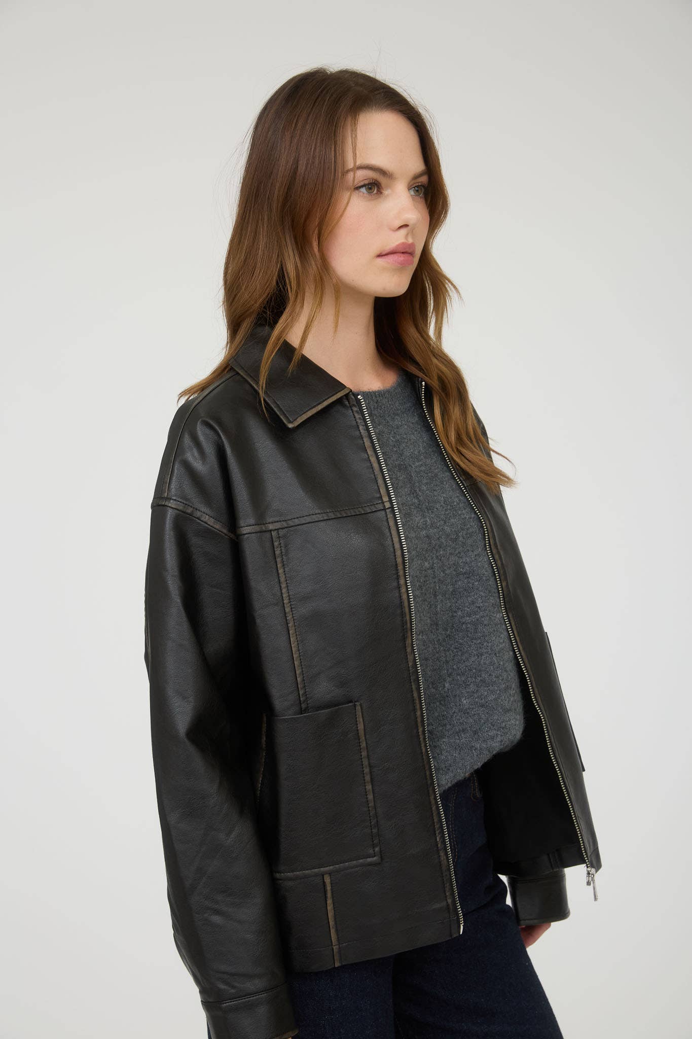 The Workshop Studio BROWN WASHED FAUX LEATHER COLLARED ZIP-UP JACKET