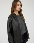 The Workshop Studio BROWN WASHED FAUX LEATHER COLLARED ZIP-UP JACKET