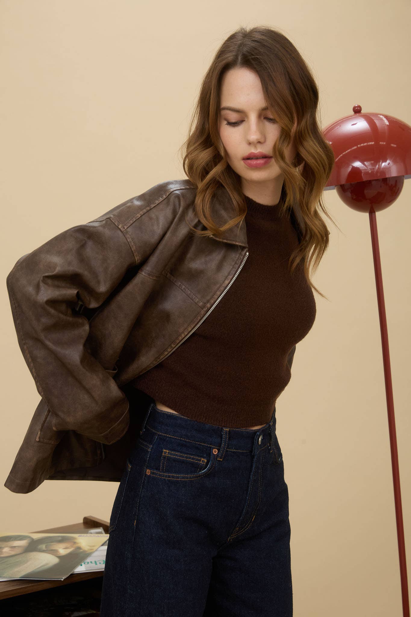The Workshop Studio BROWN WASHED FAUX LEATHER COLLARED ZIP-UP JACKET