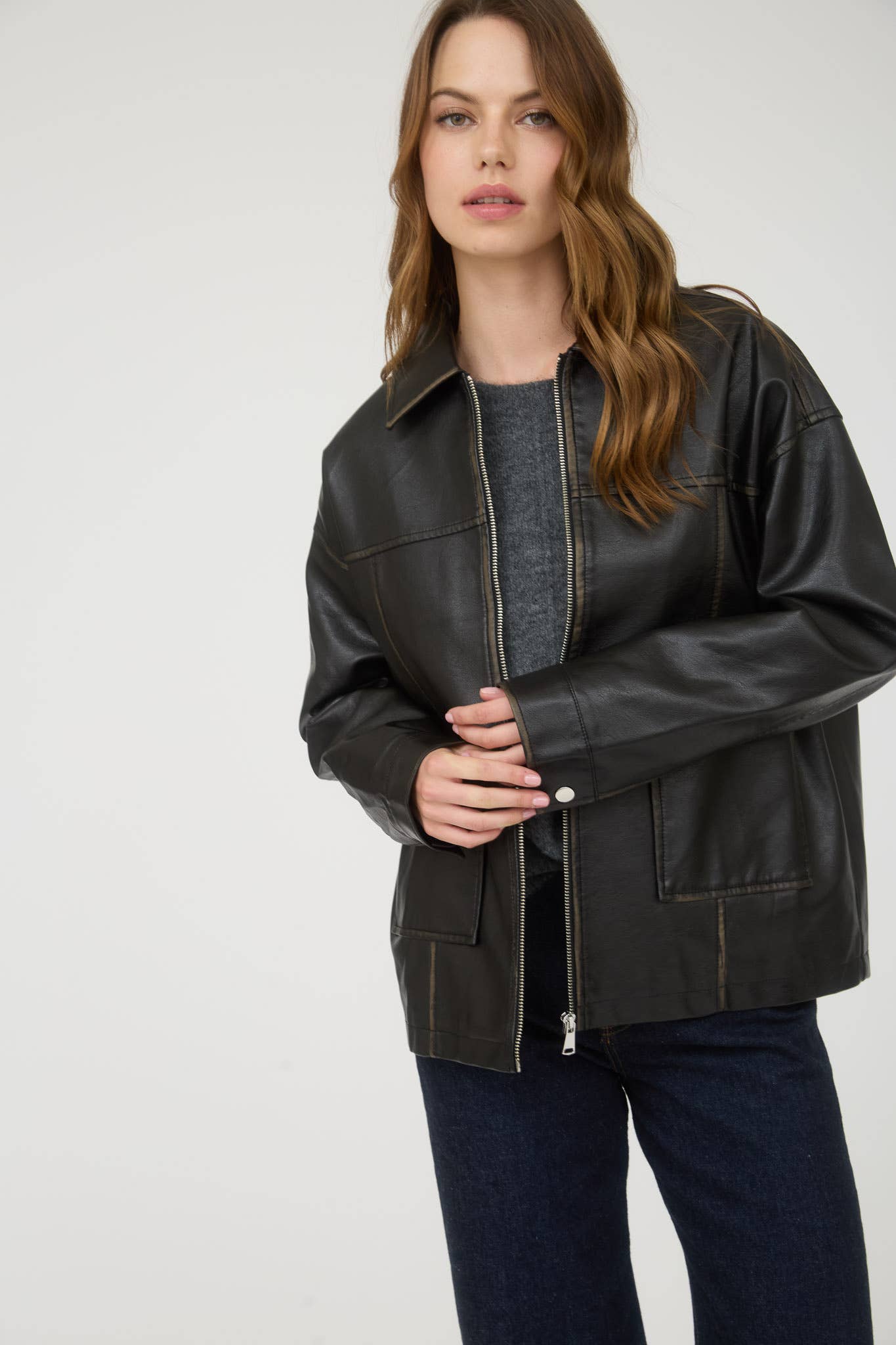 The Workshop Studio BROWN WASHED FAUX LEATHER COLLARED ZIP-UP JACKET