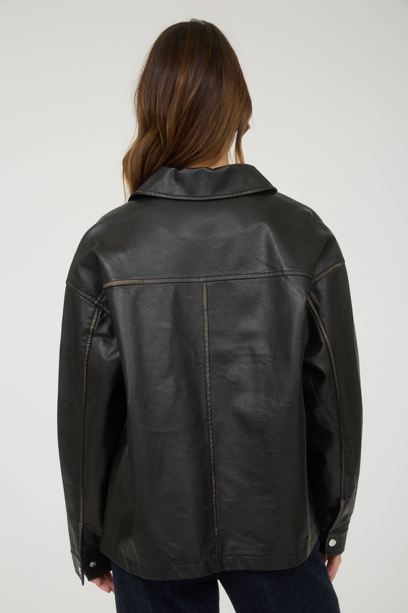The Workshop Studio BROWN WASHED FAUX LEATHER COLLARED ZIP-UP JACKET