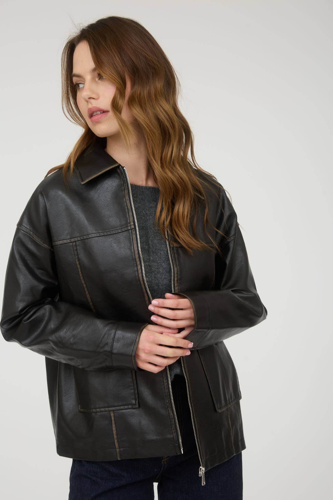 The Workshop Studio BROWN WASHED FAUX LEATHER COLLARED ZIP-UP JACKET