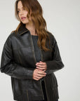 The Workshop Studio BROWN WASHED FAUX LEATHER COLLARED ZIP-UP JACKET