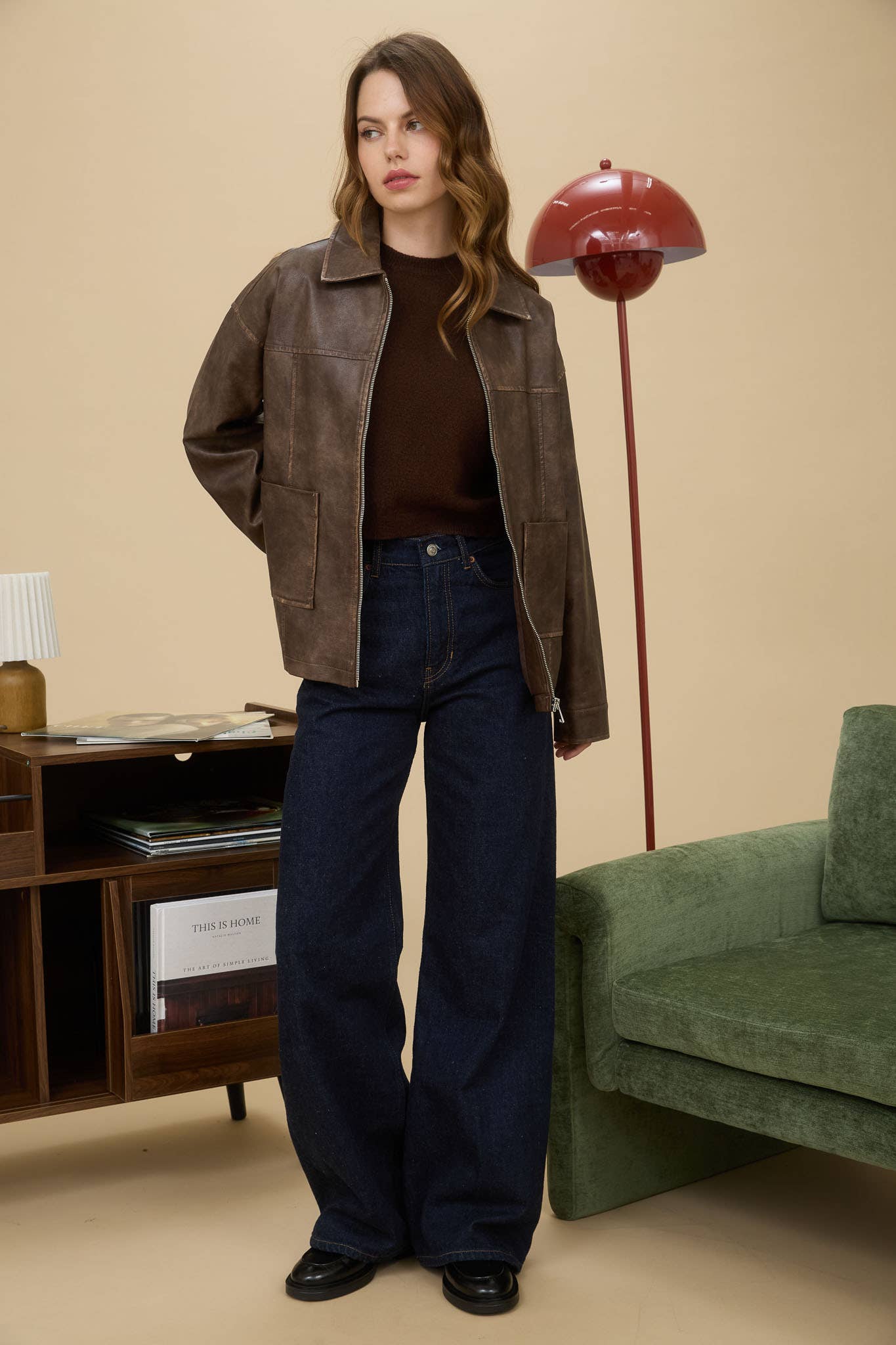 The Workshop Studio BROWN WASHED FAUX LEATHER COLLARED ZIP-UP JACKET