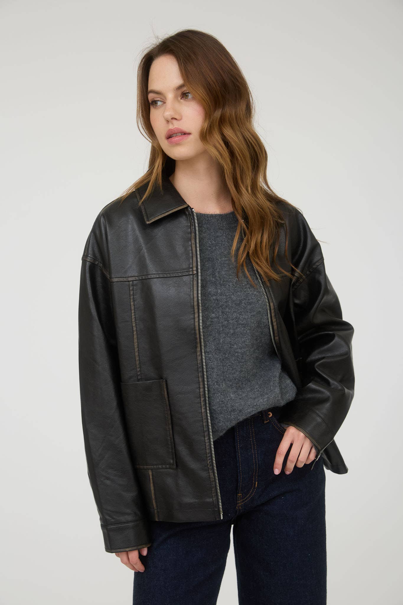 The Workshop Studio BROWN WASHED FAUX LEATHER COLLARED ZIP-UP JACKET