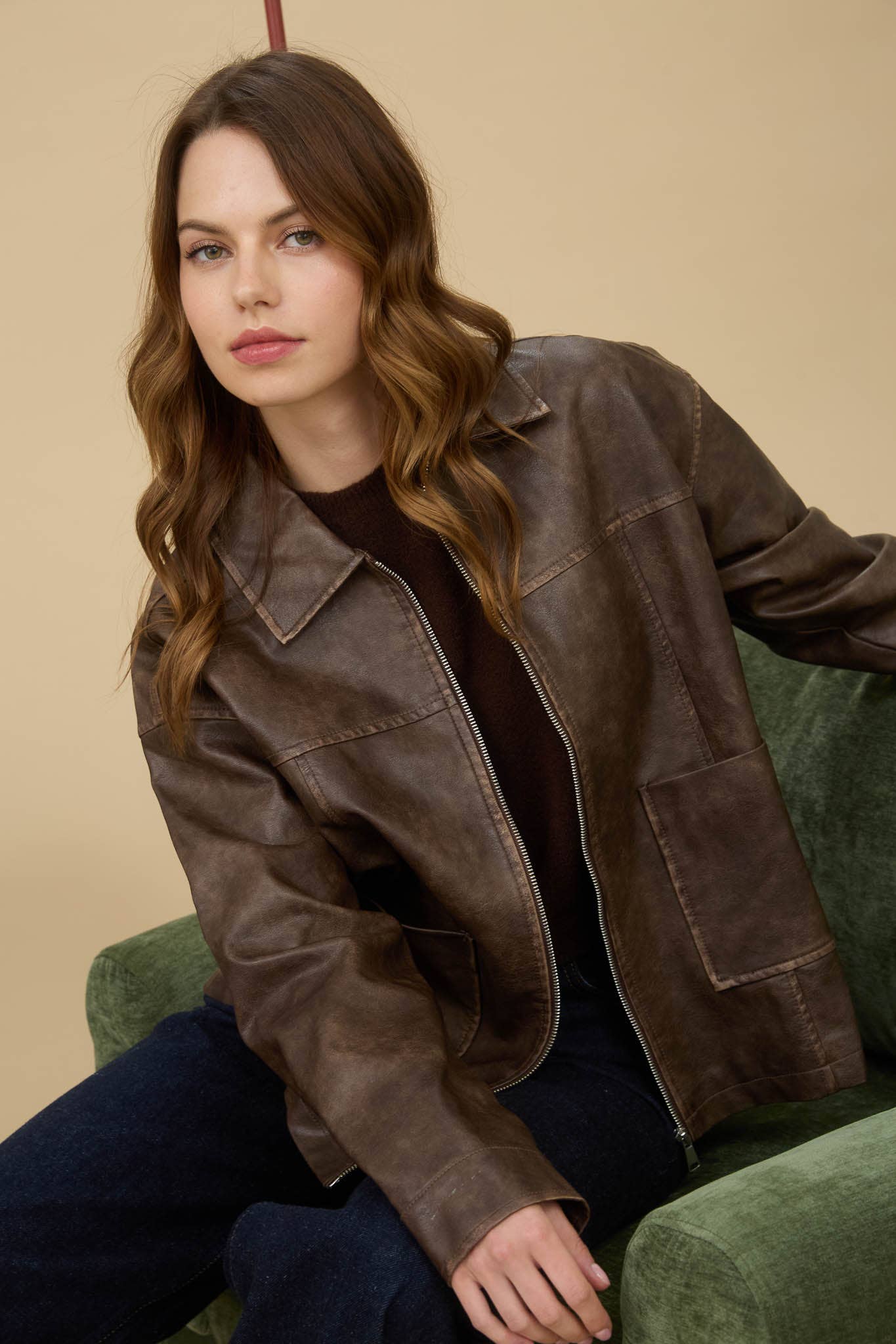 The Workshop Studio BROWN WASHED FAUX LEATHER COLLARED ZIP-UP JACKET