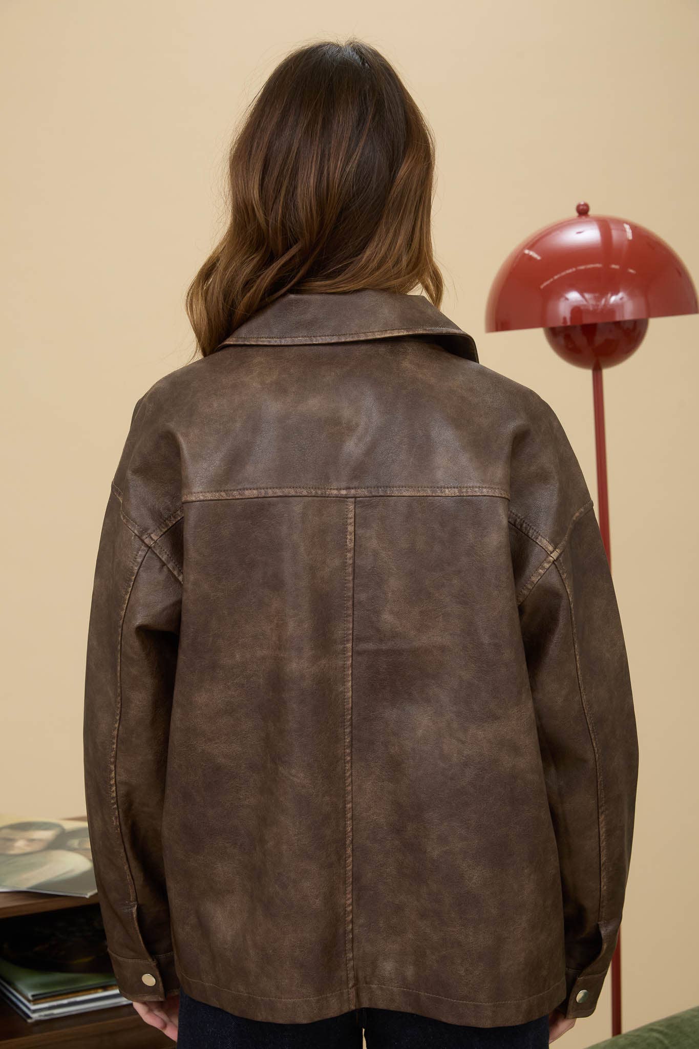 The Workshop Studio BROWN WASHED FAUX LEATHER COLLARED ZIP-UP JACKET
