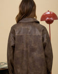 The Workshop Studio BROWN WASHED FAUX LEATHER COLLARED ZIP-UP JACKET