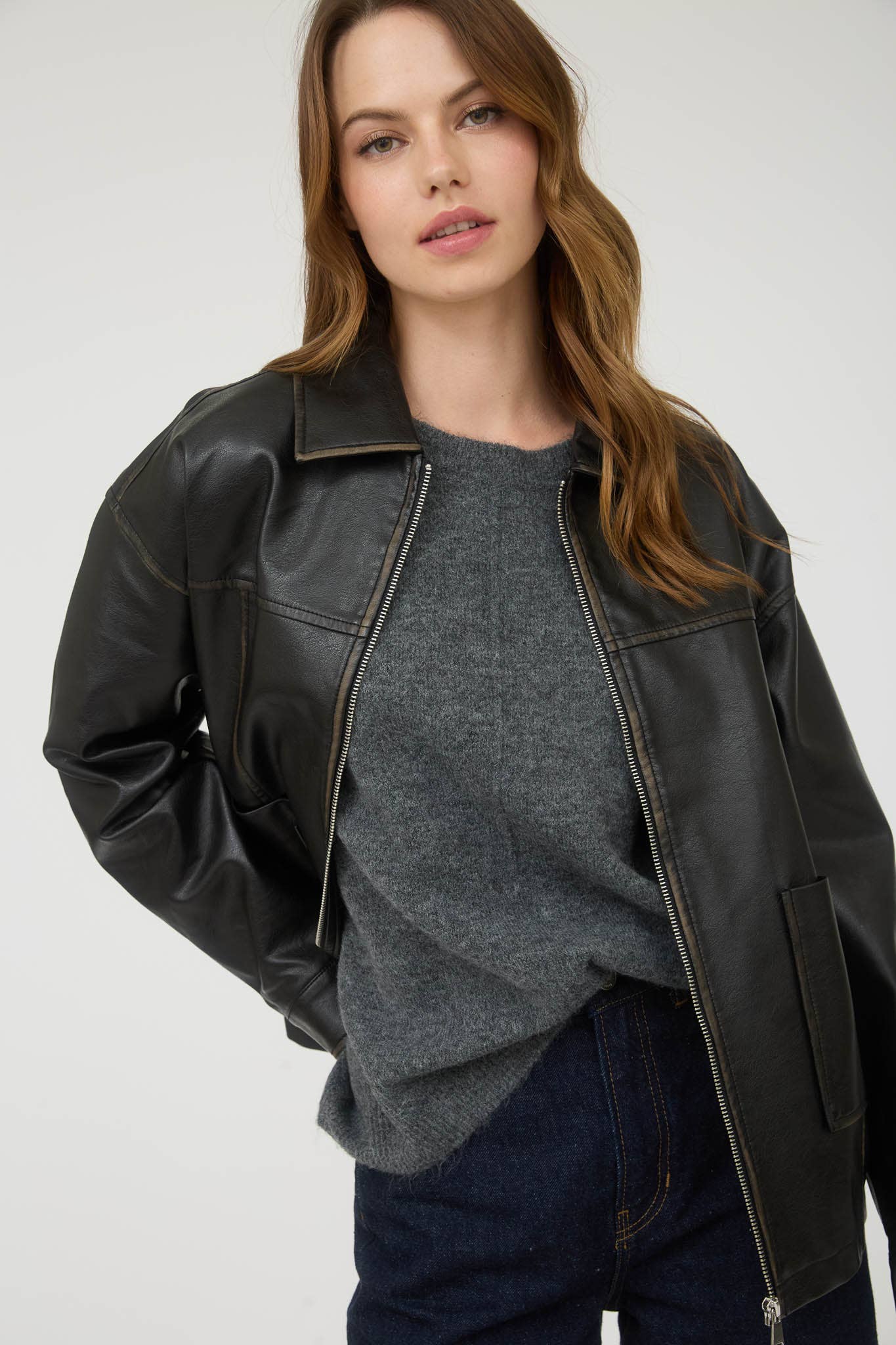 The Workshop Studio BROWN WASHED FAUX LEATHER COLLARED ZIP-UP JACKET