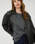 The Workshop Studio BROWN WASHED FAUX LEATHER COLLARED ZIP-UP JACKET