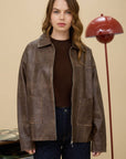 The Workshop Studio BROWN WASHED FAUX LEATHER COLLARED ZIP-UP JACKET