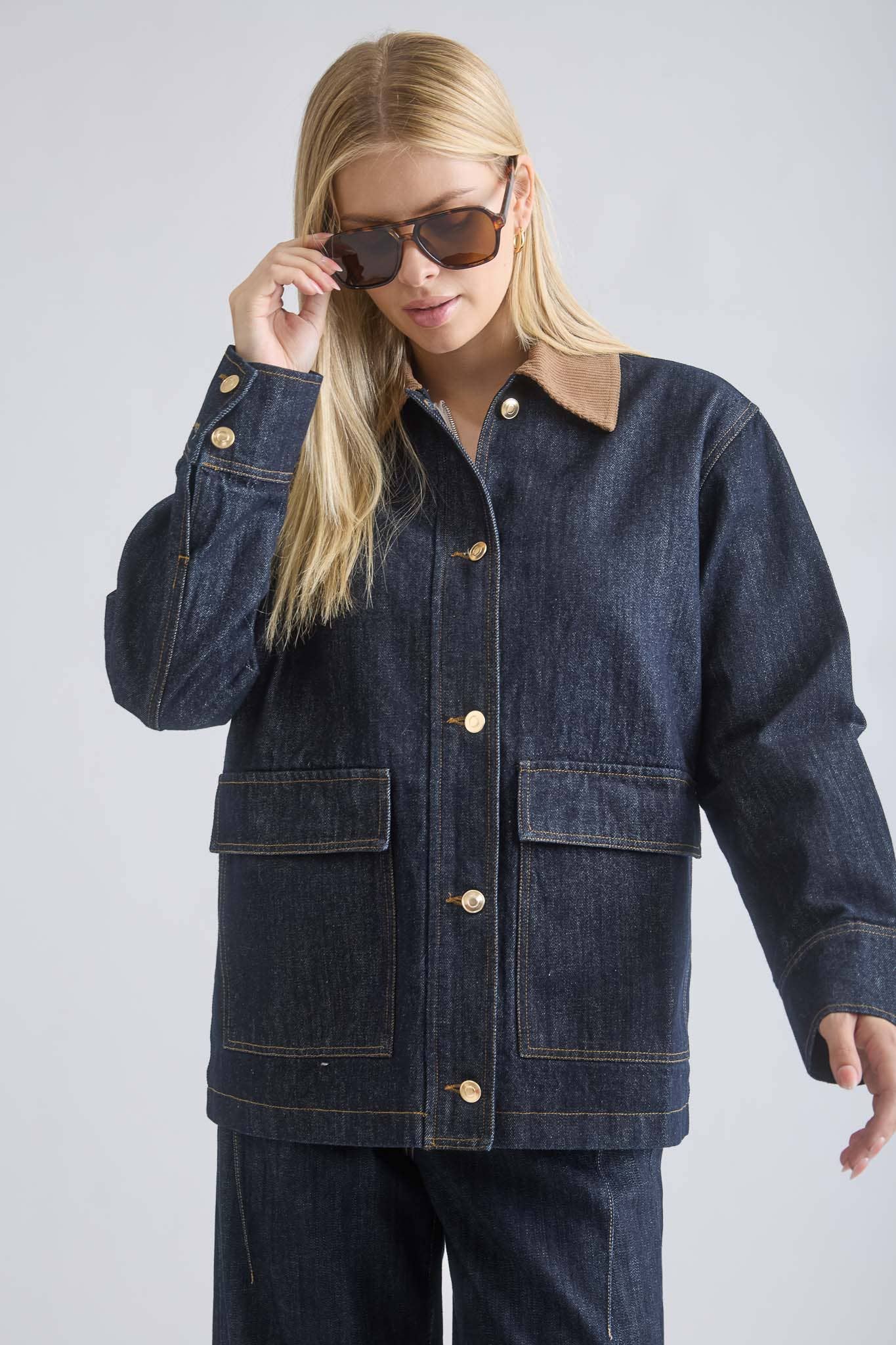 The Workshop Studio DENIM CORDUROY COLLAR  POCKET DETAIL DENIM JACKET