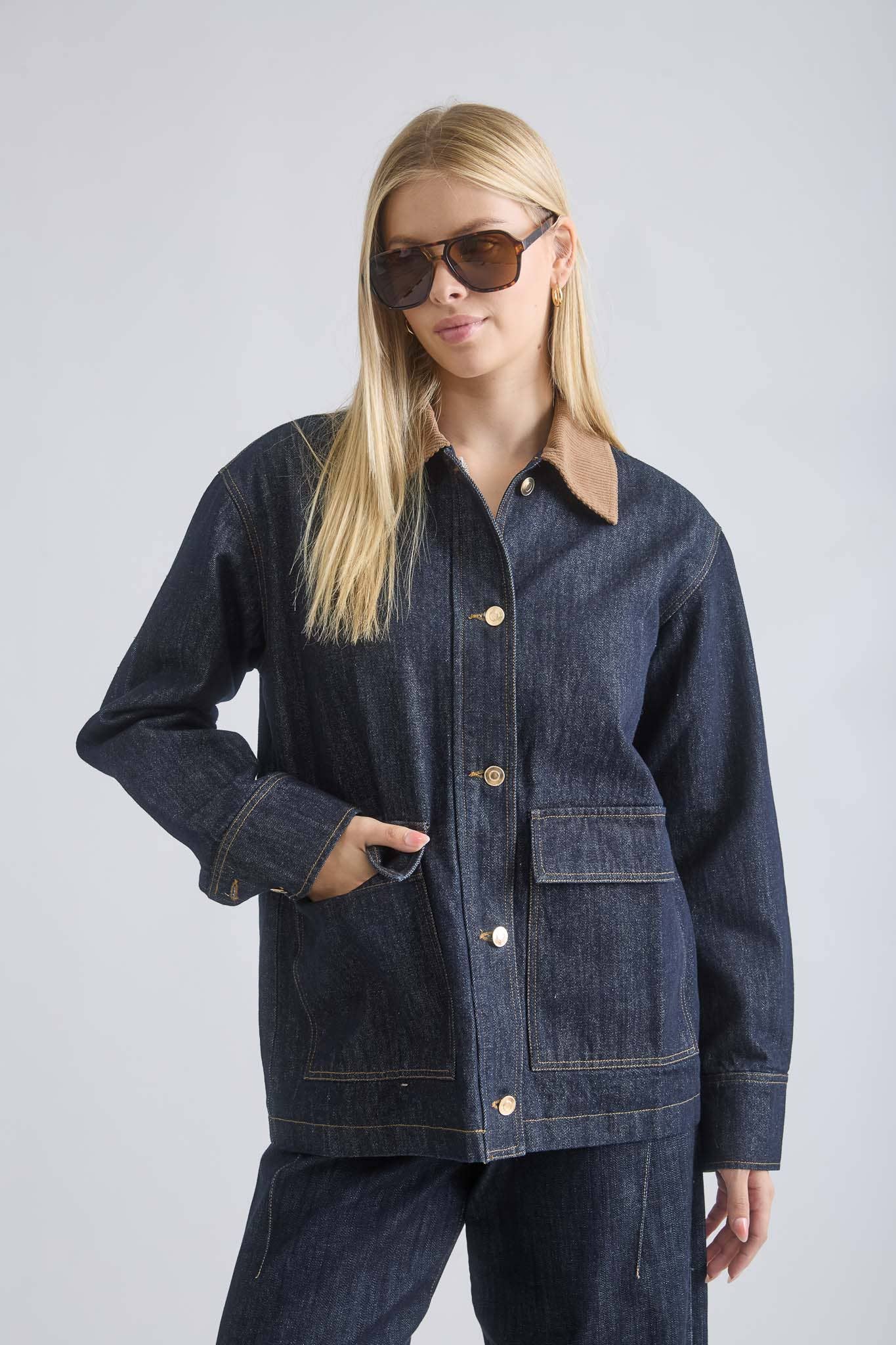 The Workshop Studio DENIM CORDUROY COLLAR  POCKET DETAIL DENIM JACKET